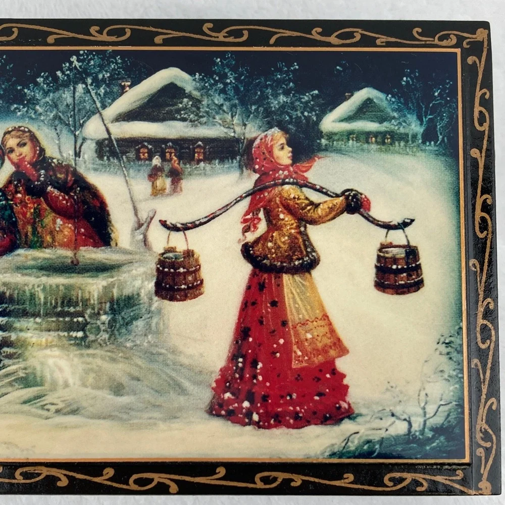 Boyarinoff Russian Lacquer Winter Scene Decorative Tea Box 7” Empty
